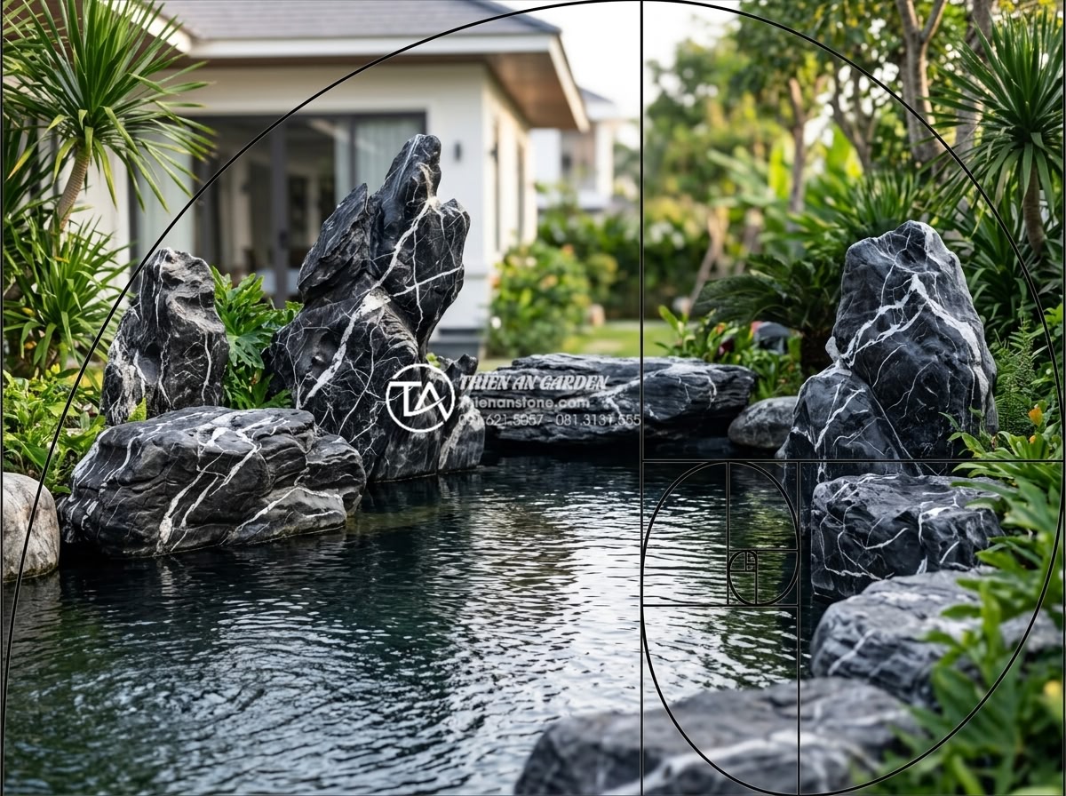 Quy tắc 'tỷ lệ vàng' khi kết hợp đá và nước trong tiểu cảnh sân vườn - Professional landscape photography of a Vietnamese luxury villa garden featuring