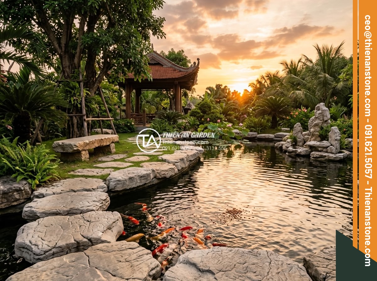 Quy tắc 'tỷ lệ vàng' khi kết hợp đá và nước trong tiểu cảnh sân vườn - Happy Vietnamese family enjoying their beautifully designed golden ratio koi pon
