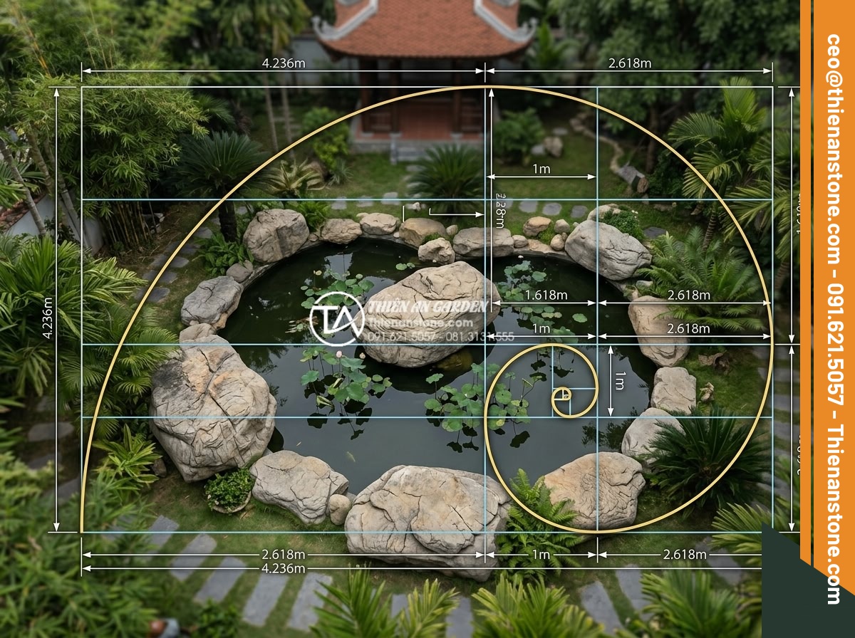 Quy tắc 'tỷ lệ vàng' khi kết hợp đá và nước trong tiểu cảnh sân vườn - Technical diagram showing golden ratio grid and Fibonacci sequence applied to st