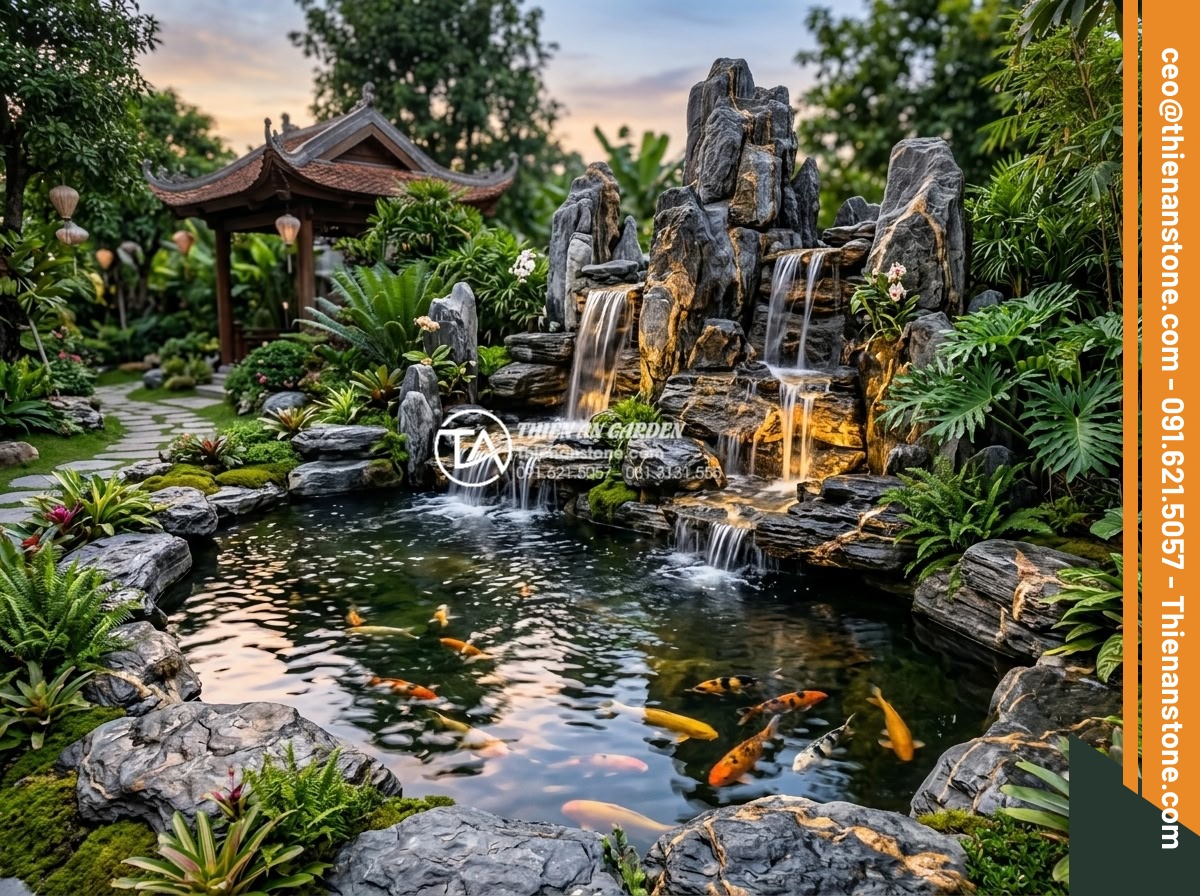 Quy tắc 'tỷ lệ vàng' khi kết hợp đá và nước trong tiểu cảnh sân vườn - Photorealistic image of a multi-tiered natural stone waterfall cascading into a 