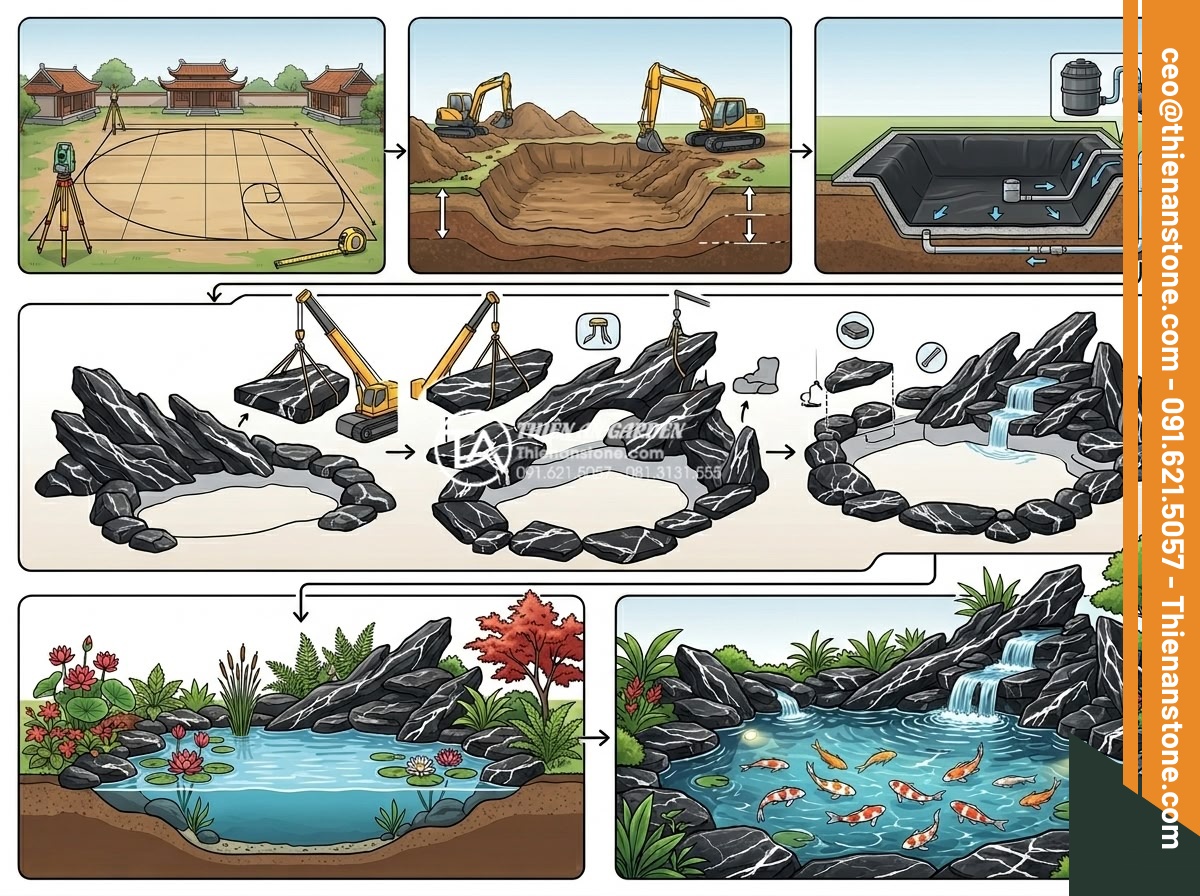 Quy tắc 'tỷ lệ vàng' khi kết hợp đá và nước trong tiểu cảnh sân vườn - Step-by-step construction process infographic of golden ratio stone and water ga