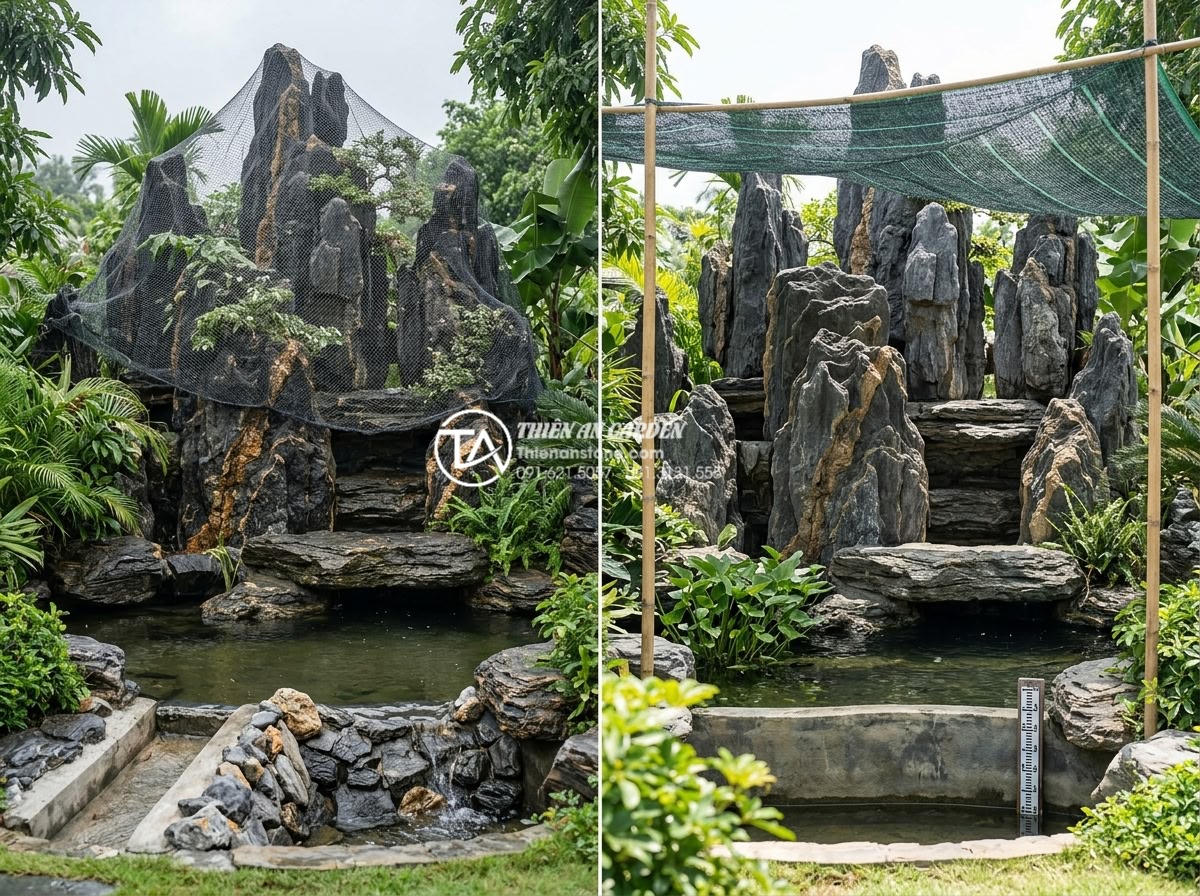 Quy trình 7 bước bảo trì tiểu cảnh thác nước sân vườn định kỳ - Hình 10 Quy trình 7 bước bảo trì tiểu cảnh thác nước sân vườn định kỳ - Seasonal maintenance realistic image showing a garden waterfall prepared for rai