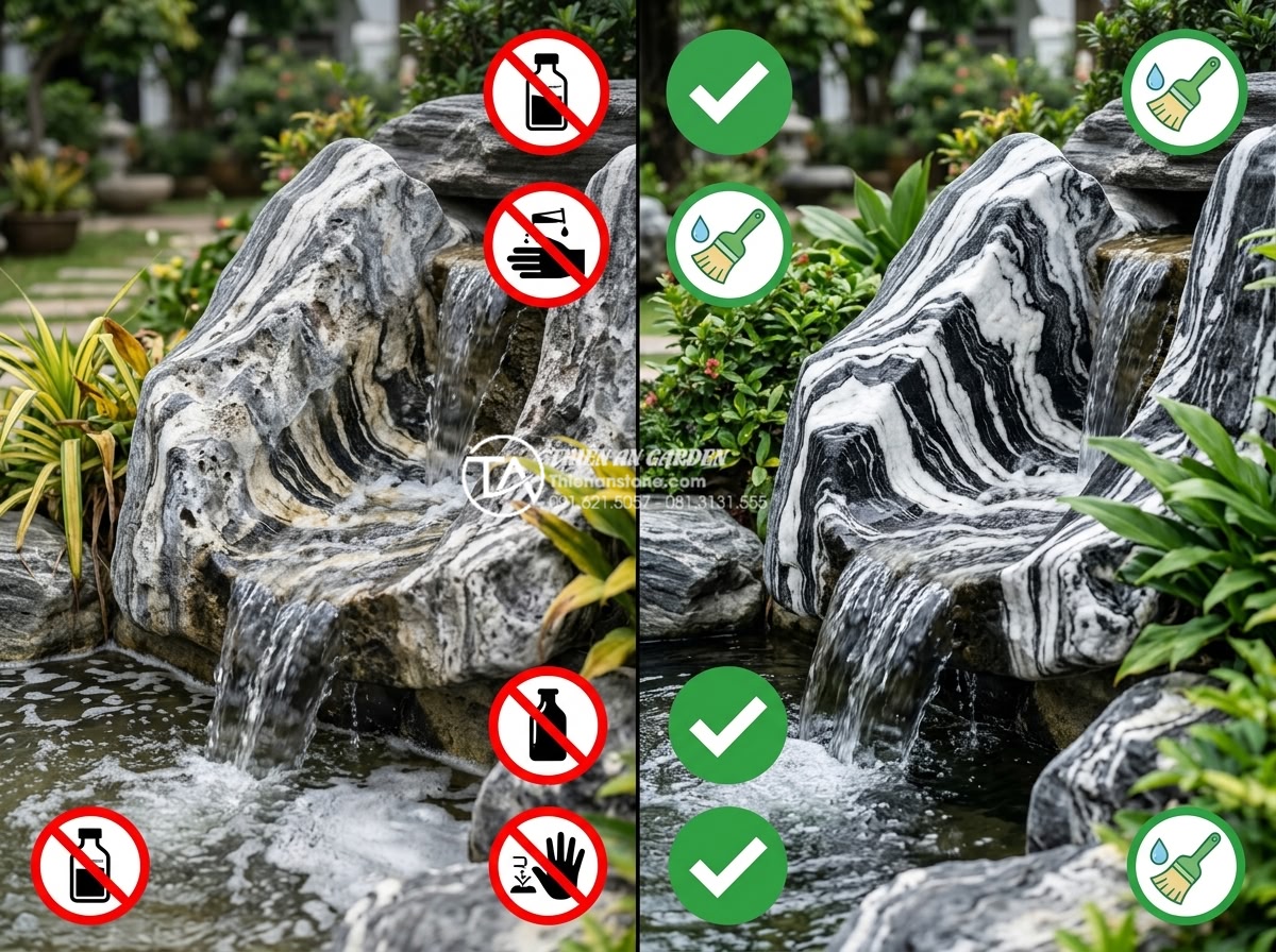 Quy trình 7 bước bảo trì tiểu cảnh thác nước sân vườn định kỳ - Hình 11 Quy trình 7 bước bảo trì tiểu cảnh thác nước sân vườn định kỳ - Educational realistic split image showing common mistakes in garden waterfall ma