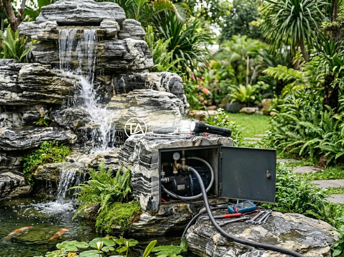 Quy trình 7 bước bảo trì tiểu cảnh thác nước sân vườn định kỳ - Hình 4 Quy trình 7 bước bảo trì tiểu cảnh thác nước sân vườn định kỳ - Realistic professional photo of an expert technician performing detailed inspect