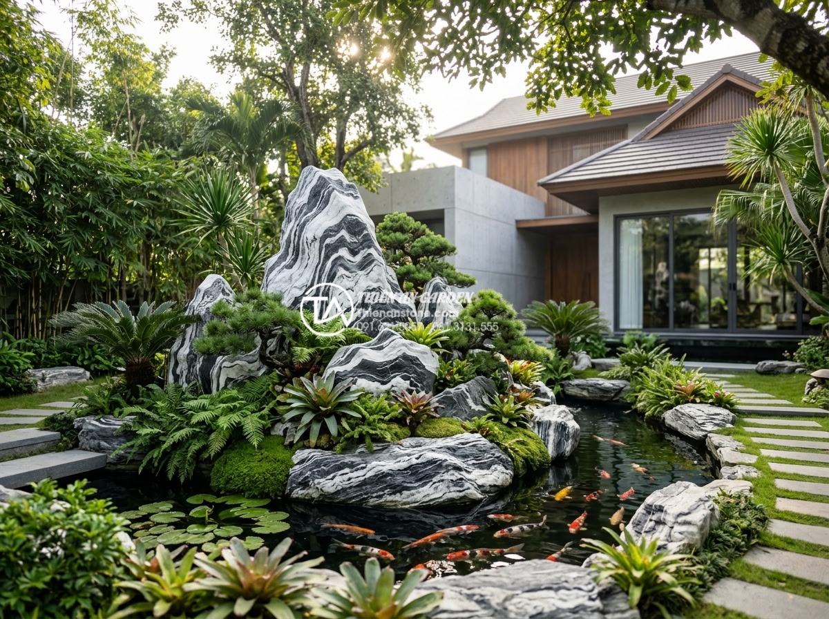 So sánh non bộ đá Tuyết Sơn và đá Cổ Thạch: Loại nào đẳng cấp hơn? - High-resolution professional photograph of a luxurious modern villa garden featu