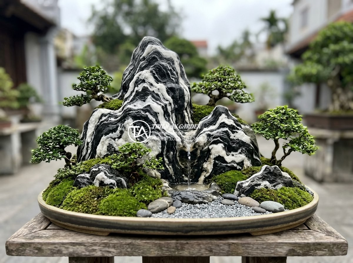 So sánh non bộ đá Tuyết Sơn và đá Cổ Thạch: Loại nào đẳng cấp hơn? - Hình 2 So sánh non bộ đá Tuyết Sơn và đá Cổ Thạch: Loại nào đẳng cấp hơn? - Close-up detailed shot of exquisite Snow Mountain stone non-bo miniature mountai