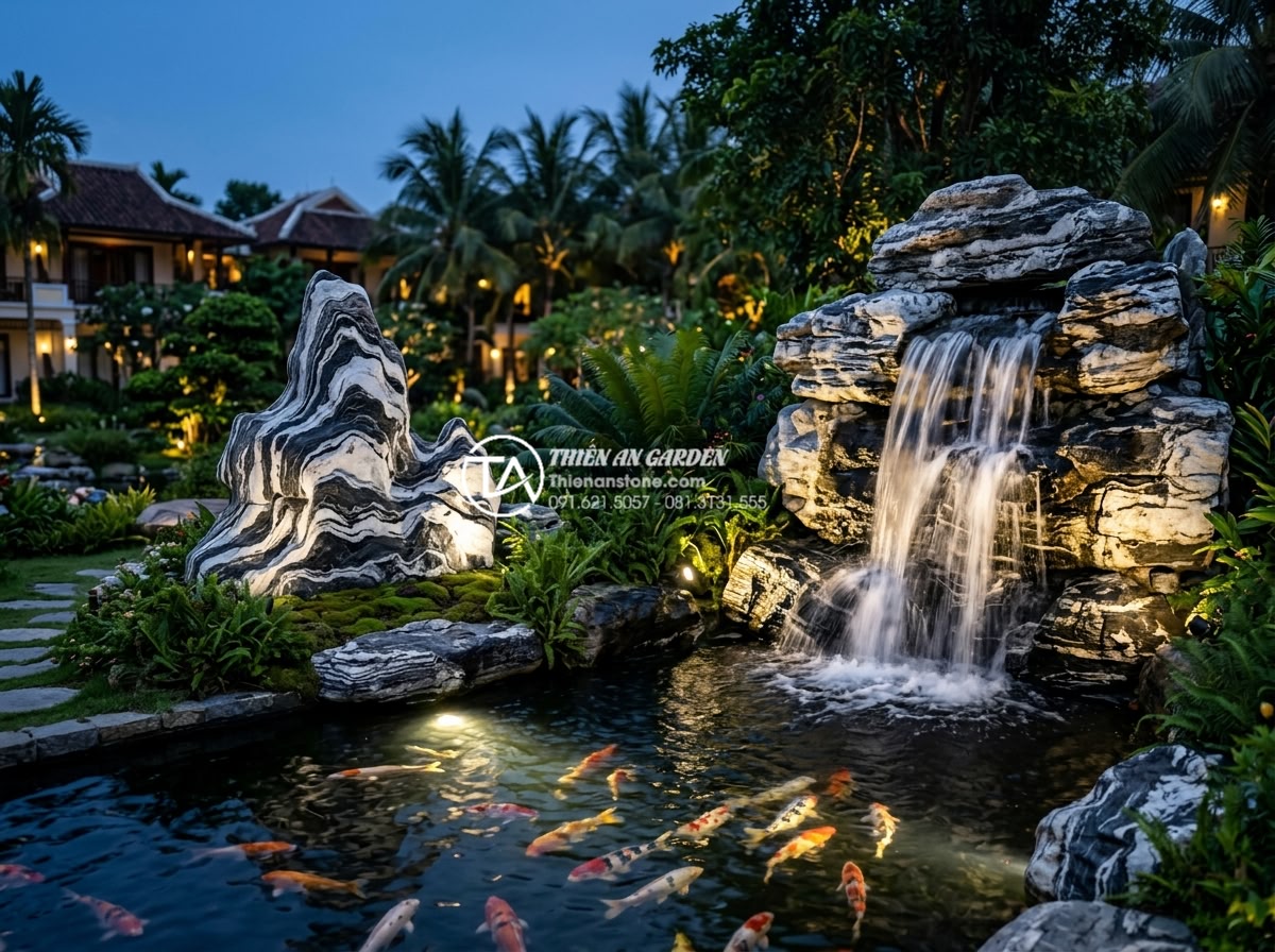 So sánh non bộ đá Tuyết Sơn và đá Cổ Thạch: Loại nào đẳng cấp hơn? - Hình 5 So sánh non bộ đá Tuyết Sơn và đá Cổ Thạch: Loại nào đẳng cấp hơn? - Beautiful twilight photograph of two different non-bo installations side by side
