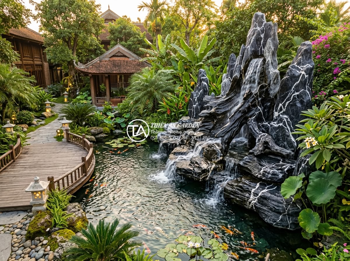 So sánh thác nước đá tự nhiên và thác nước bằng nhựa composite/xi măng - Professional wide-angle photograph of a luxurious Vietnamese resort garden showc