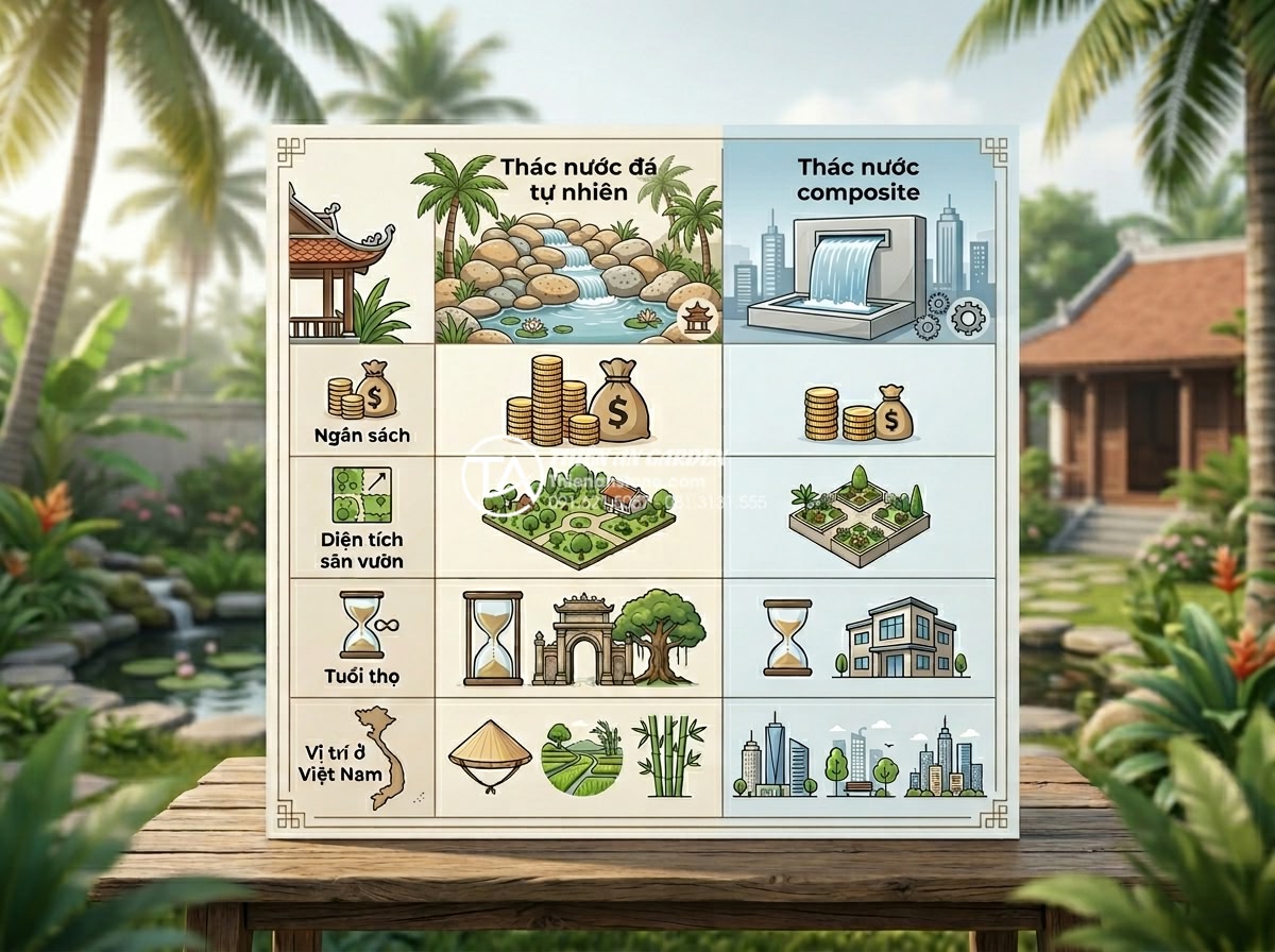 So sánh thác nước đá tự nhiên và thác nước bằng nhựa composite/xi măng - Decision matrix infographic for choosing between natural stone and composite wat