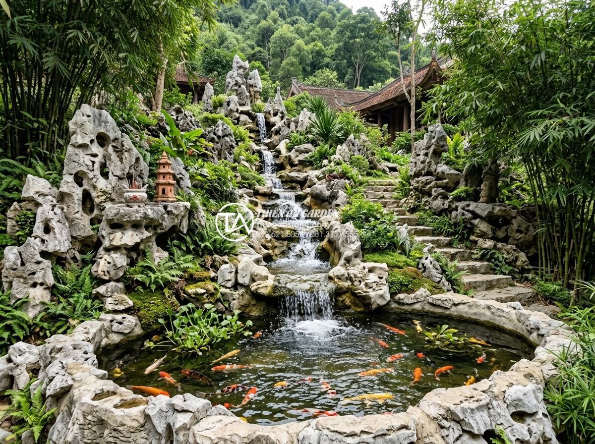 So sánh thác nước đá tự nhiên và thác nước bằng nhựa composite/xi măng - Realistic rendering of a multi-tier natural stone waterfall integrated into a hi