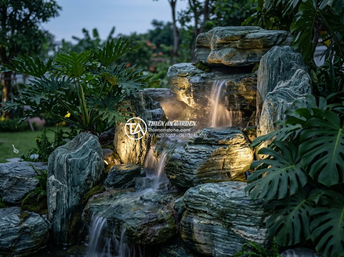 So sánh thác nước đá tự nhiên và thác nước bằng nhựa composite/xi măng - Stunning twilight photograph of a natural stone waterfall in a private villa gar