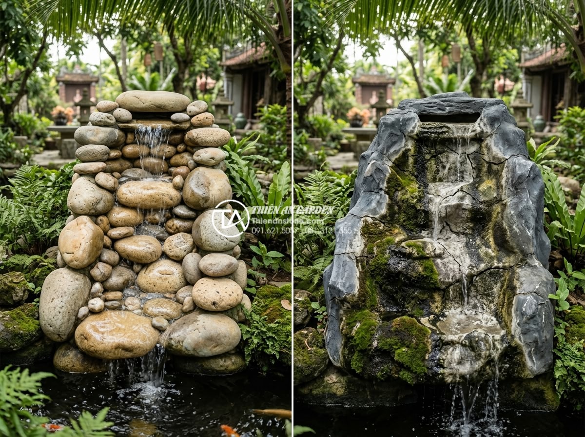 So sánh thác nước đá tự nhiên và thác nước bằng nhựa composite/xi măng - Long-term durability test comparison image showing a 10-year-old natural stone w