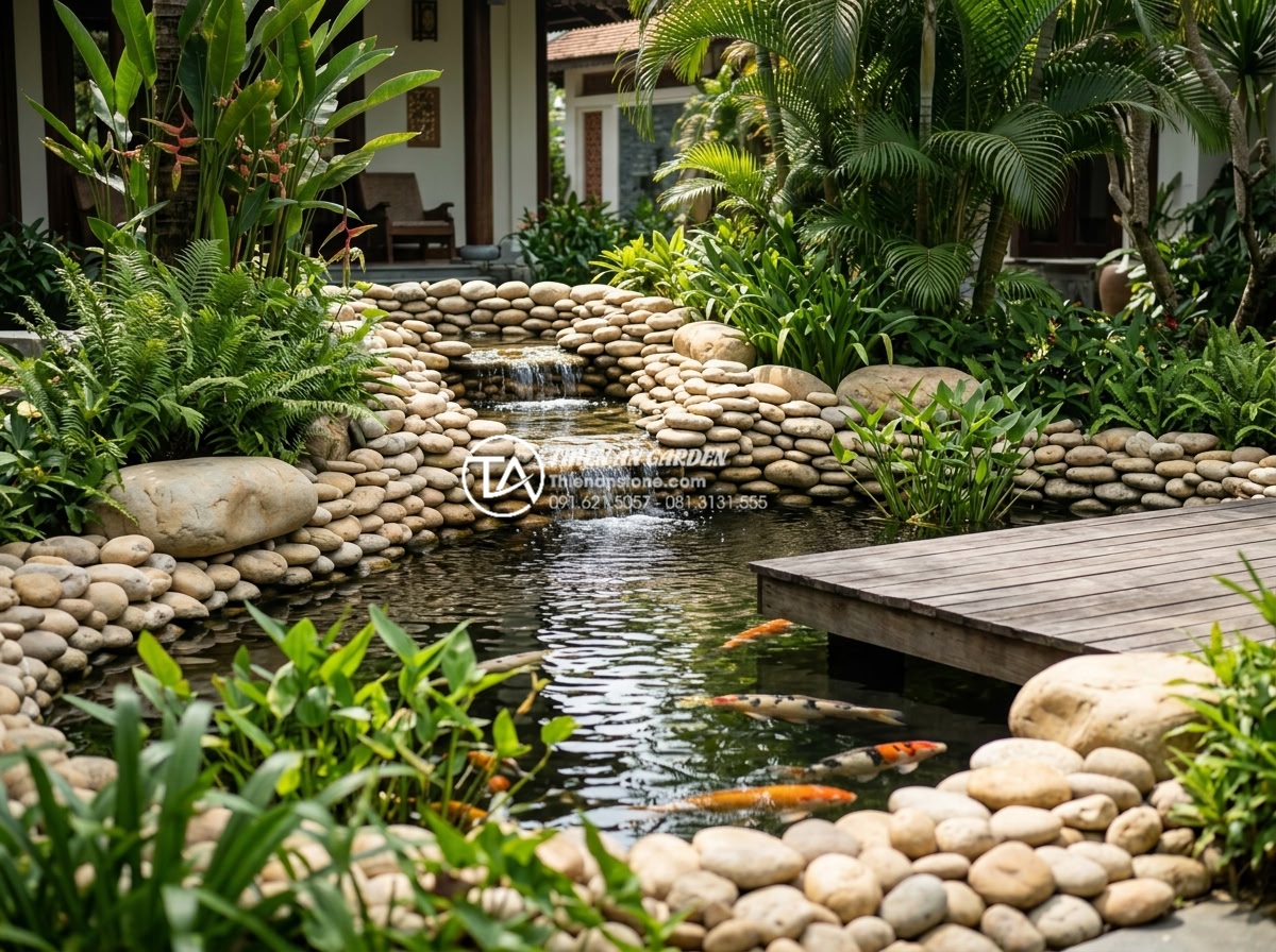 So sánh tiểu cảnh bể cá ngoài trời và bể cá trong nhà: Lựa chọn nào tối ưu? - Hình 1 So sánh tiểu cảnh bể cá ngoài trời và bể cá trong nhà: Lựa chọn nào tối ưu? - Serene outdoor Koi pond landscape in a luxurious Vietnamese villa garden, featur