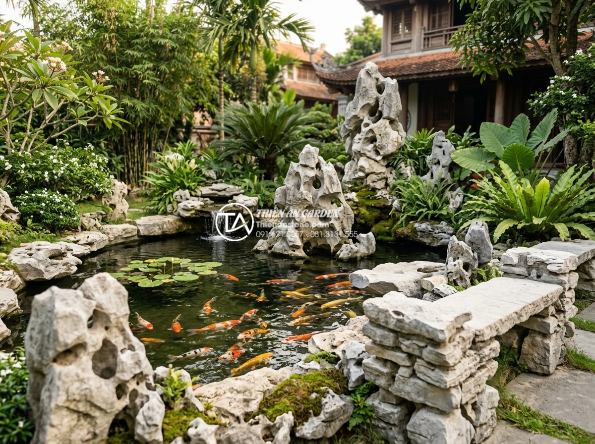 So sánh tiểu cảnh bể cá ngoài trời và bể cá trong nhà: Lựa chọn nào tối ưu? - Hình 10 So sánh tiểu cảnh bể cá ngoài trời và bể cá trong nhà: Lựa chọn nào tối ưu? - Family enjoying outdoor Koi pond in villa garden with children safely watching f
