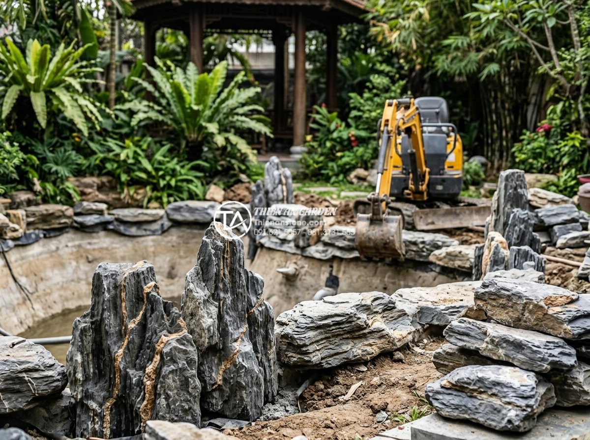 So sánh tiểu cảnh bể cá ngoài trời và bể cá trong nhà: Lựa chọn nào tối ưu? - Hình 11 So sánh tiểu cảnh bể cá ngoài trời và bể cá trong nhà: Lựa chọn nào tối ưu? - Professional team from Thien An Stone installing natural stone edging around out
