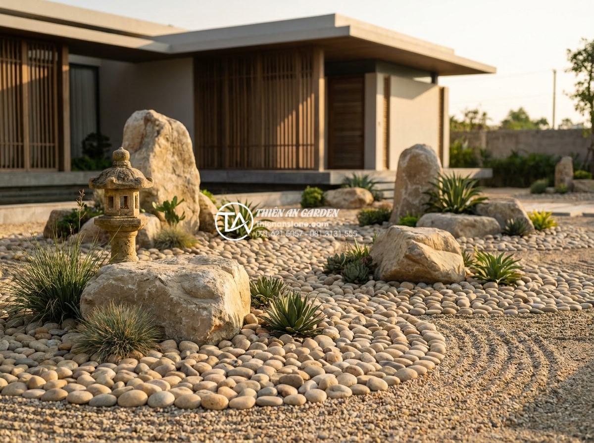 So sánh tiểu cảnh khô và tiểu cảnh nước: Lựa chọn nào cho sân trước nhà bạn? - Serene dry rock garden featuring large natural limestone boulders, raked white g