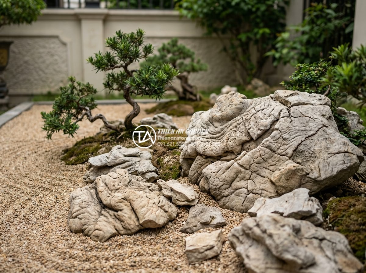 So sánh tiểu cảnh khô và tiểu cảnh nước: Lựa chọn nào cho sân trước nhà bạn? - Detailed close-up of a premium dry landscape with textured natural stone arrange