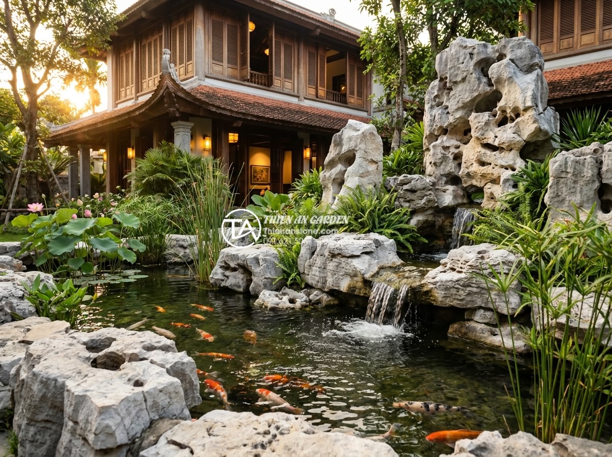 So sánh tiểu cảnh khô và tiểu cảnh nước: Lựa chọn nào cho sân trước nhà bạn? - Elegant water landscape with natural stone pond, koi fish, gentle waterfall and 