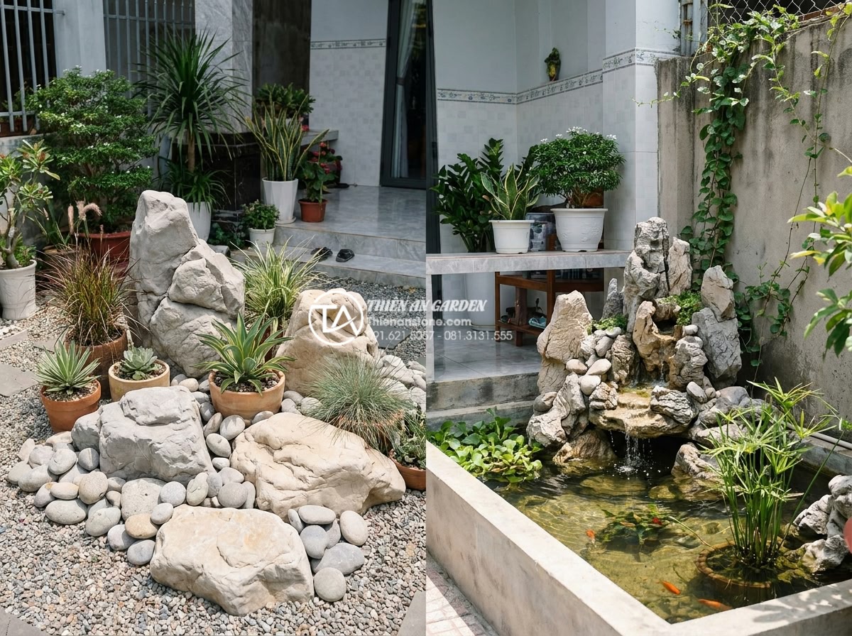 So sánh tiểu cảnh khô và tiểu cảnh nước: Lựa chọn nào cho sân trước nhà bạn? - Popular Vietnamese front yard landscape designs showing both modern dry rock gar