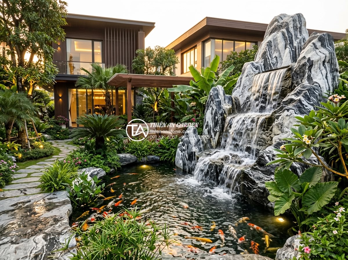 Sử dụng đá Tuyết Sơn trong thi công thác nước: Đẳng cấp và sự khác biệt - Luxurious modern villa garden featuring a large cascading Tuyet Son stone waterf