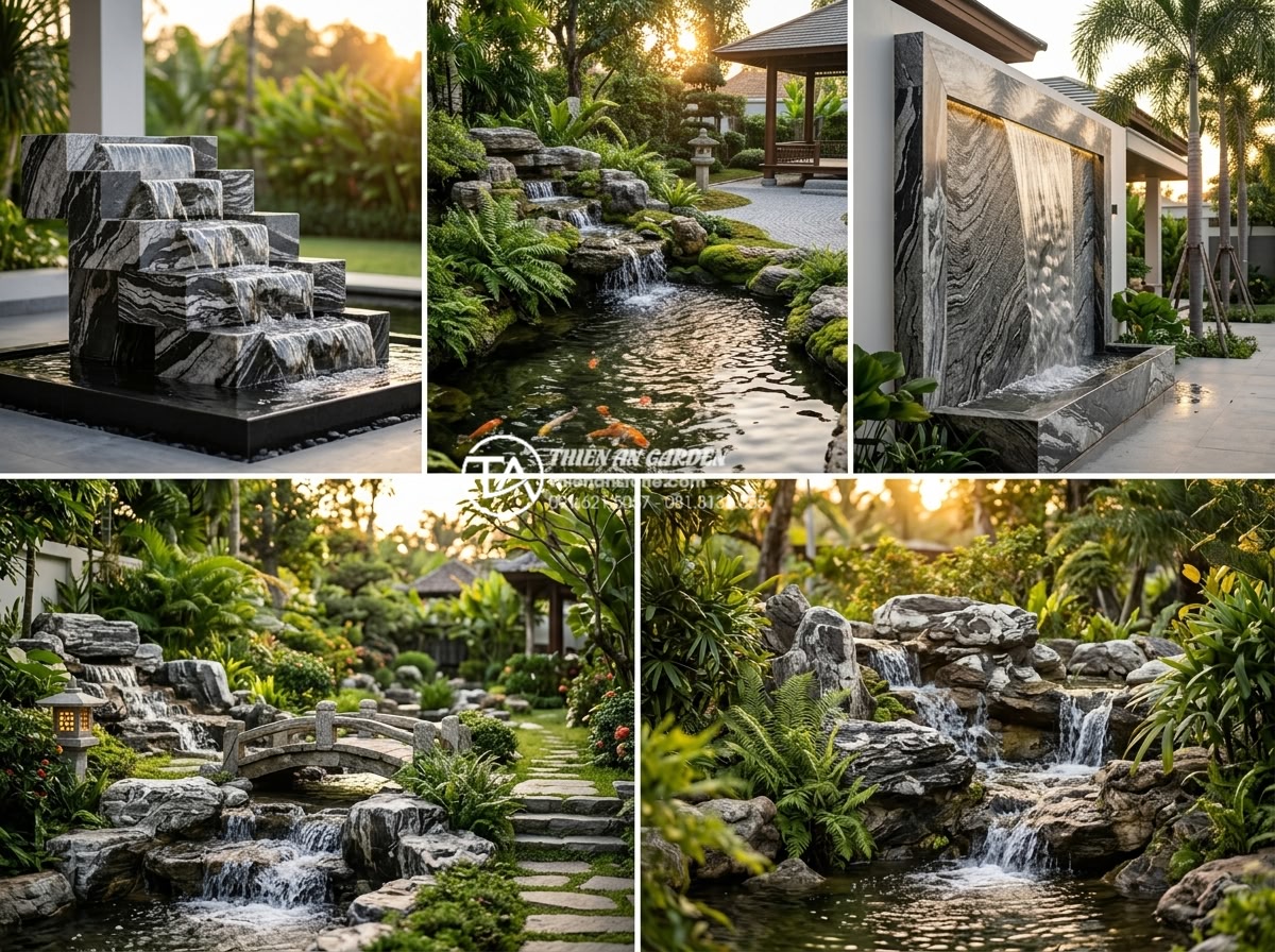 Sử dụng đá Tuyết Sơn trong thi công thác nước: Đẳng cấp và sự khác biệt - Collection of five stunning Tuyet Son stone waterfall designs: modern tiered cas