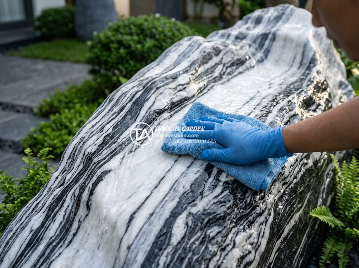 Sử dụng đá Tuyết Sơn trong thi công thác nước: Đẳng cấp và sự khác biệt - Close-up maintenance scene of a clean Tuyet Son stone waterfall being gently wip