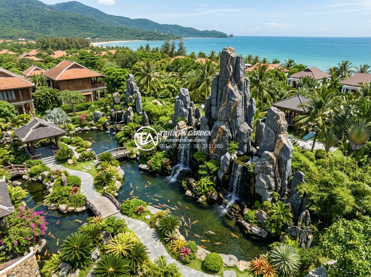Sự khác biệt giữa non bộ khô và non bộ ướt: Bạn nên chọn loại nào? - Aerial drone style photograph of a large luxury Vietnamese resort garden featuri