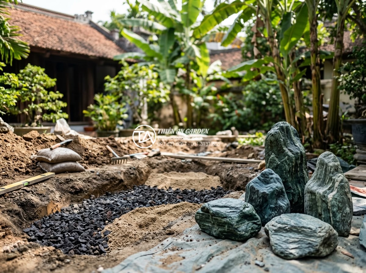 Sự khác biệt giữa non bộ khô và non bộ ướt: Bạn nên chọn loại nào? - Step-by-step construction process photograph of professional dry rockery install