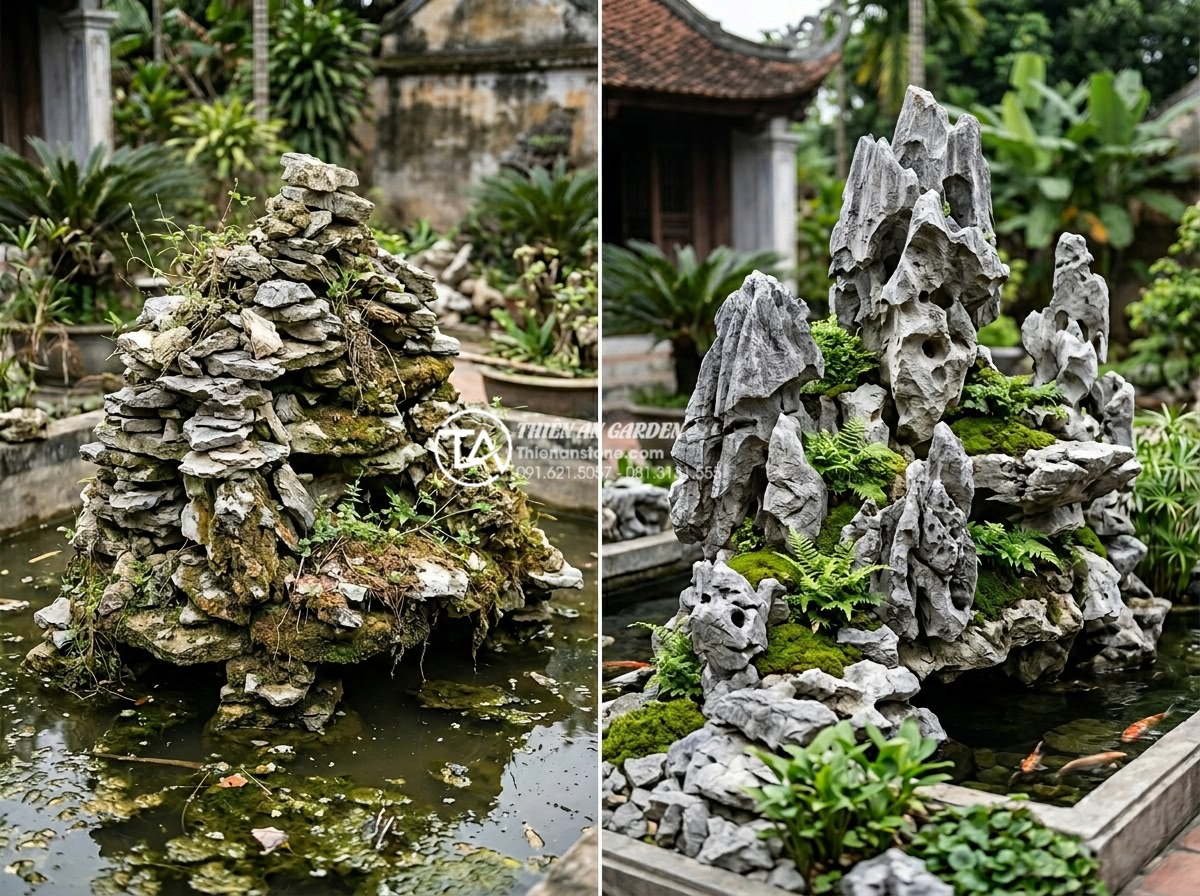 Sự khác biệt giữa non bộ khô và non bộ ướt: Bạn nên chọn loại nào? - Educational before-and-after photograph showing common mistakes in rockery const
