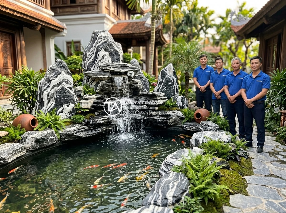 Sự khác biệt giữa non bộ khô và non bộ ướt: Bạn nên chọn loại nào? - Professional team photograph of Đá Cảnh Thiên An experts standing proudly next t