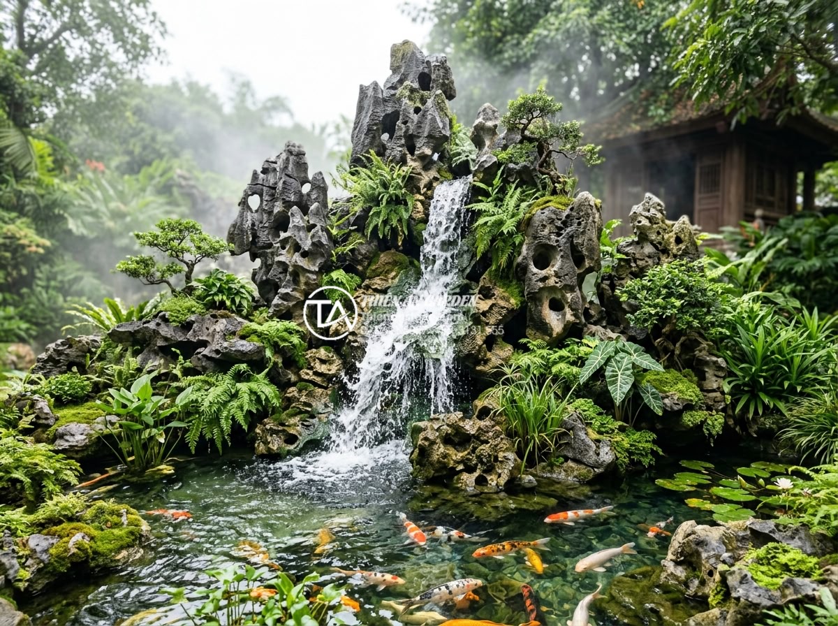 Sự khác biệt giữa non bộ khô và non bộ ướt: Bạn nên chọn loại nào? - Stunning photorealistic image of a wet rockery (hon non bo uot) with dramatic ca