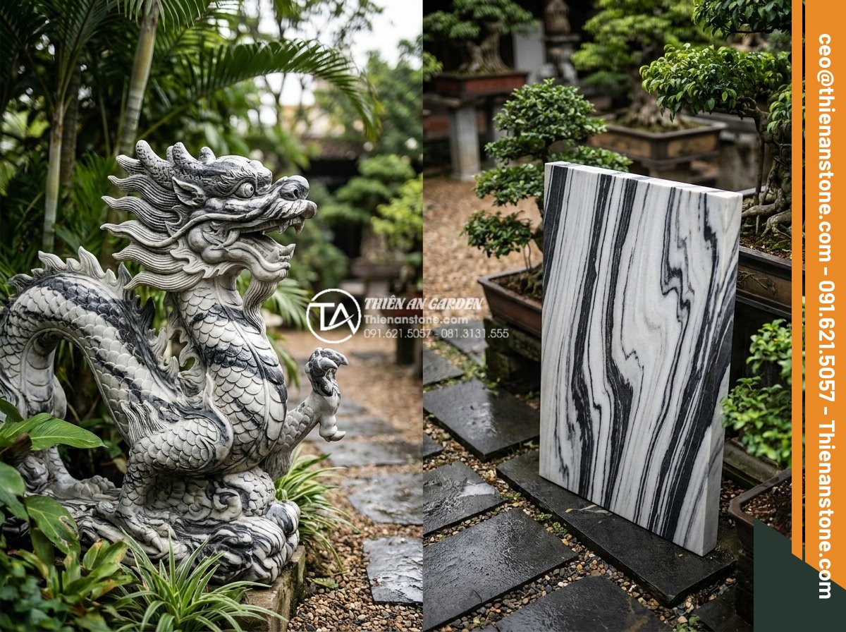 Sự khác biệt giữa tiểu cảnh sân trước hiện đại và tiểu cảnh cổ điển - Side by side comparison of natural stone materials showing on left classical han