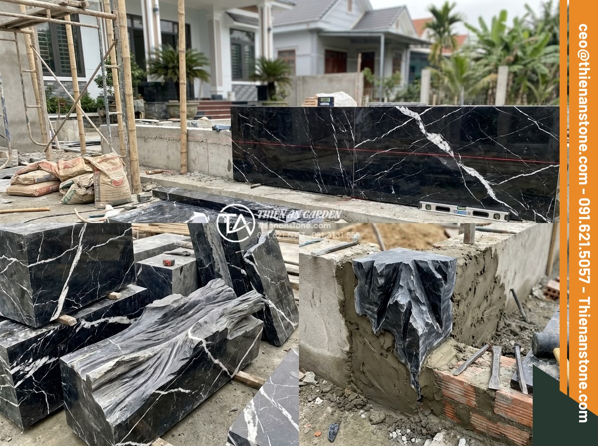 Sự khác biệt giữa tiểu cảnh sân trước hiện đại và tiểu cảnh cổ điển - Professional construction site photo showing natural stone installation process 