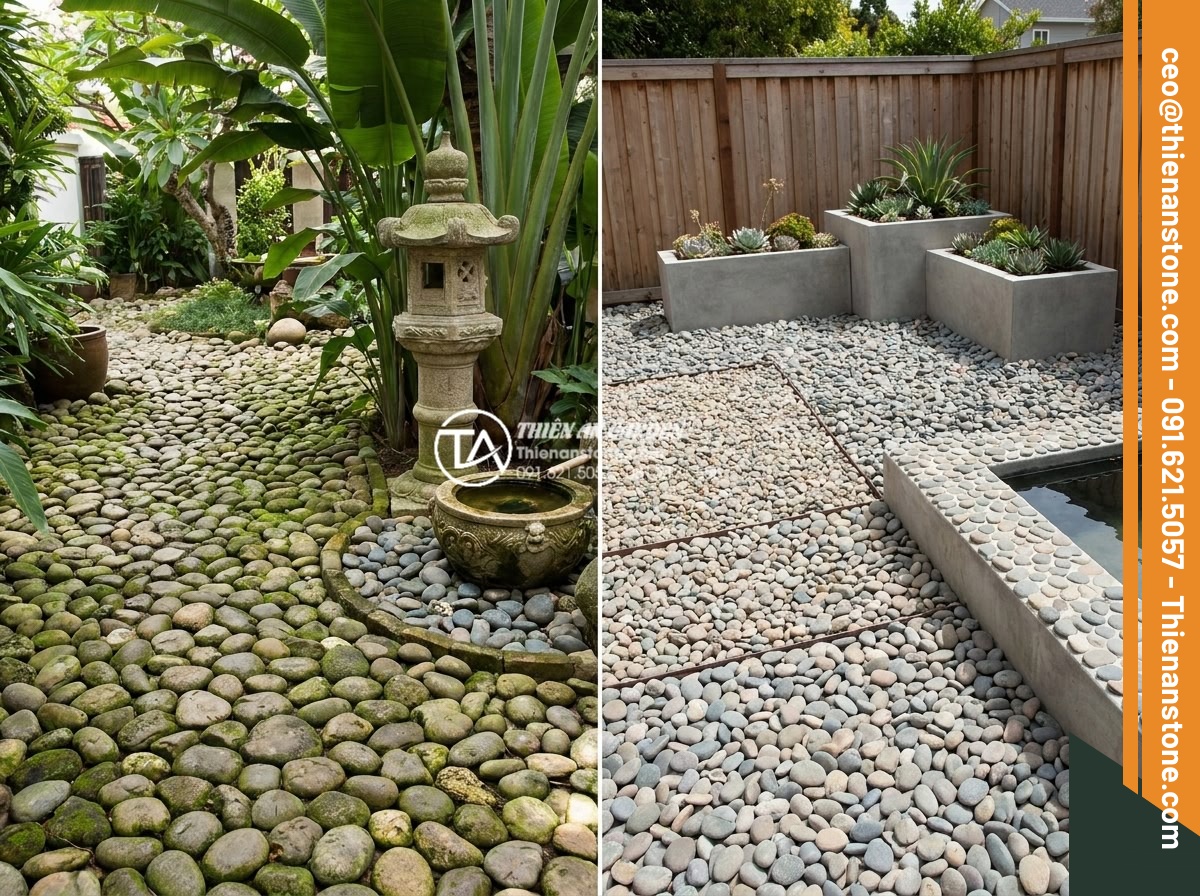 Sự khác biệt giữa tiểu cảnh sân trước hiện đại và tiểu cảnh cổ điển - Split image showing advantages of classical stone garden with rich carved detail