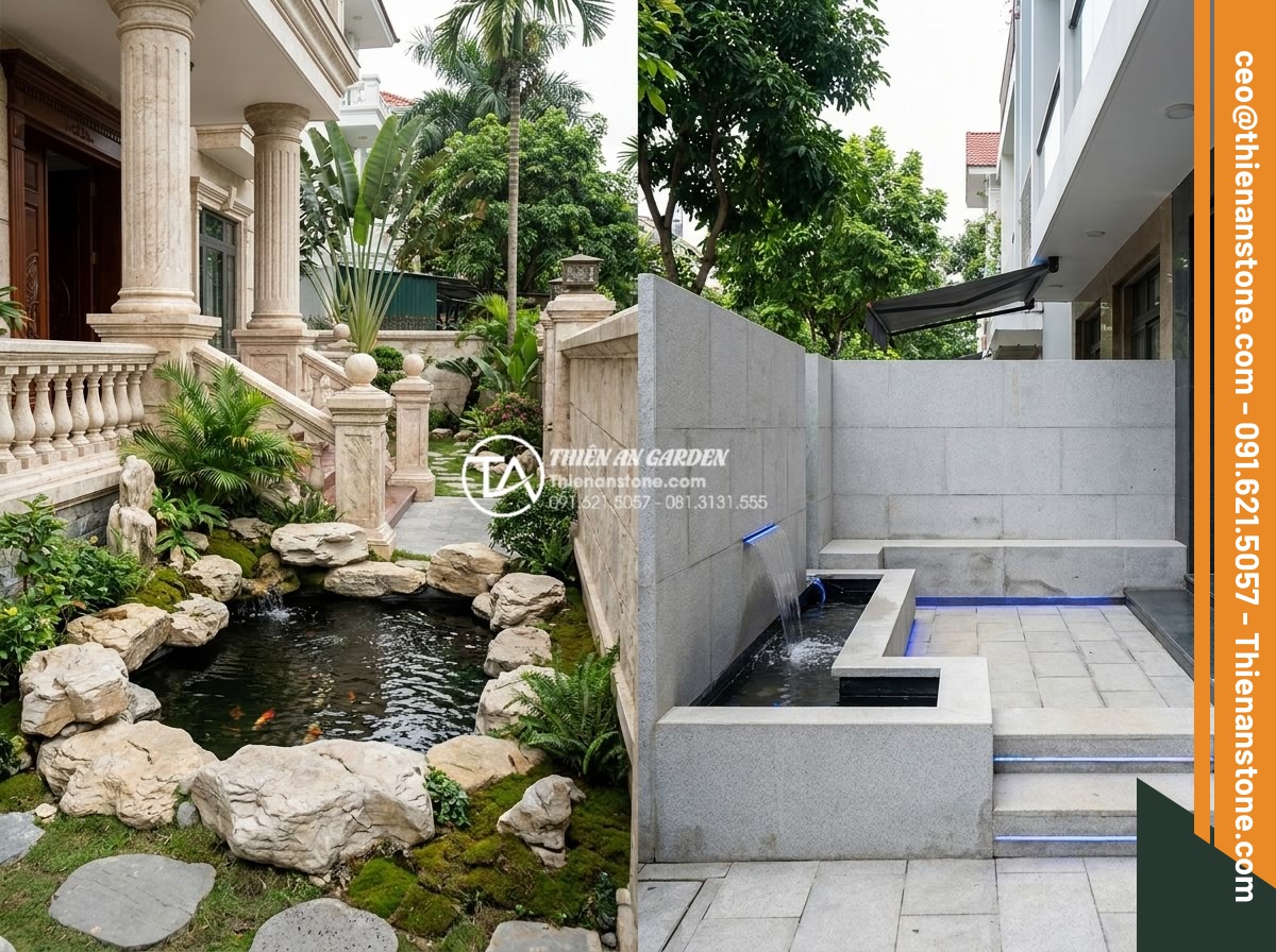Sự khác biệt giữa tiểu cảnh sân trước hiện đại và tiểu cảnh cổ điển - Real life case study photo of completed classical stone front yard at luxury vil