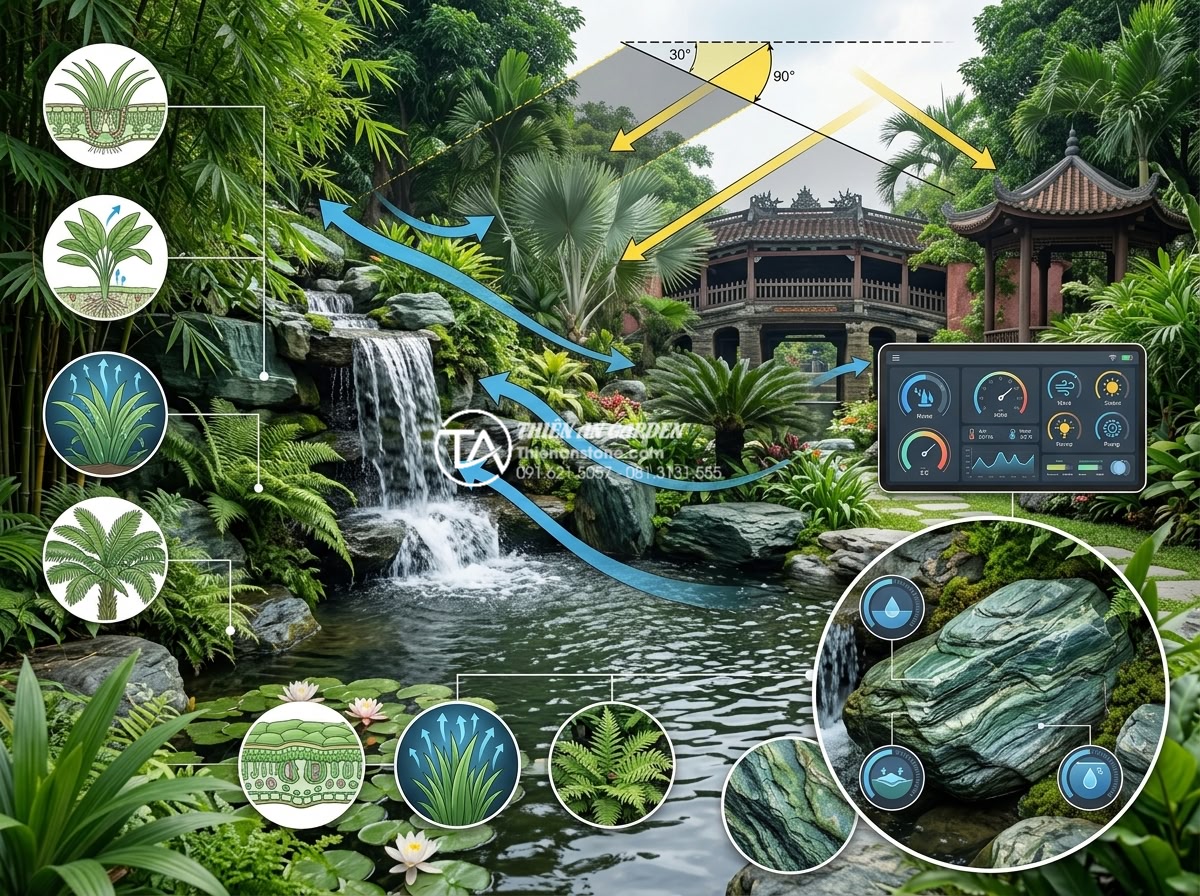 Tác dụng của tiểu cảnh thác nước trong việc làm mát và lọc không khí - Technical realistic diagram photo of Vietnamese garden with labeled factors affe