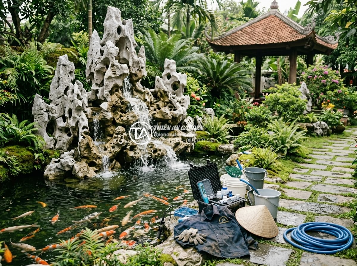 Tác dụng của tiểu cảnh thác nước trong việc làm mát và lọc không khí - Professional realistic photo of Đá Cảnh Thiên An maintenance team cleaning and i