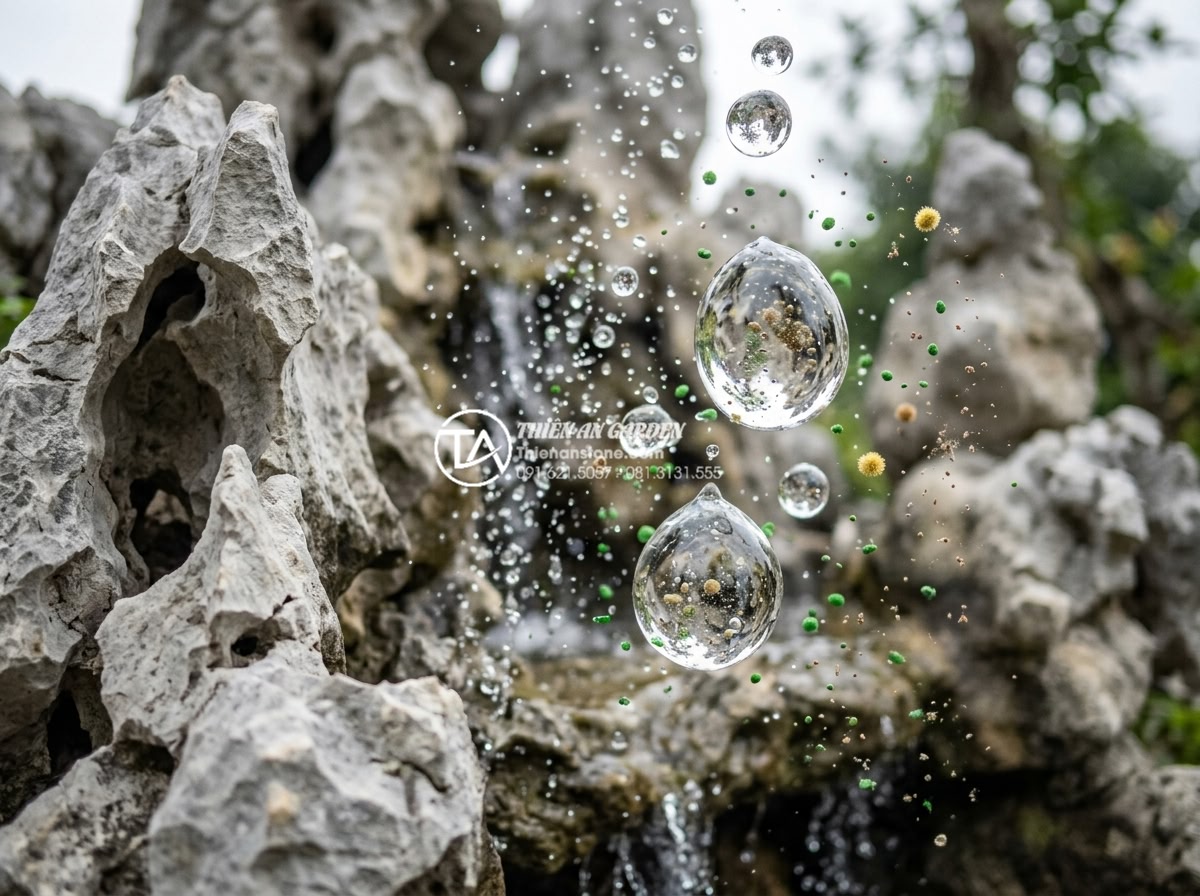 Tác dụng của tiểu cảnh thác nước trong việc làm mát và lọc không khí - Close-up realistic photograph of water droplets capturing fine dust particles an