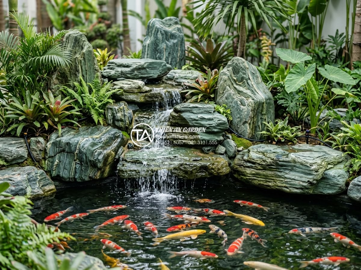 Tác dụng của tiểu cảnh thác nước trong việc làm mát và lọc không khí - Beautiful realistic photograph of integrated Vietnamese garden design with natur