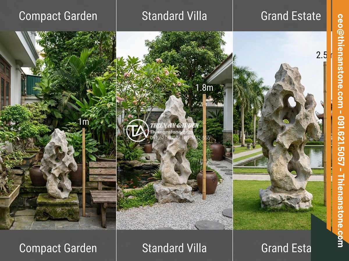 Tác dụng của tượng đá điêu khắc trong việc nâng tầm tiểu cảnh trước biệt thự - Hình 14 Tác dụng của tượng đá điêu khắc trong việc nâng tầm tiểu cảnh trước biệt thự - Various stone statue size comparison chart style image placed in different villa