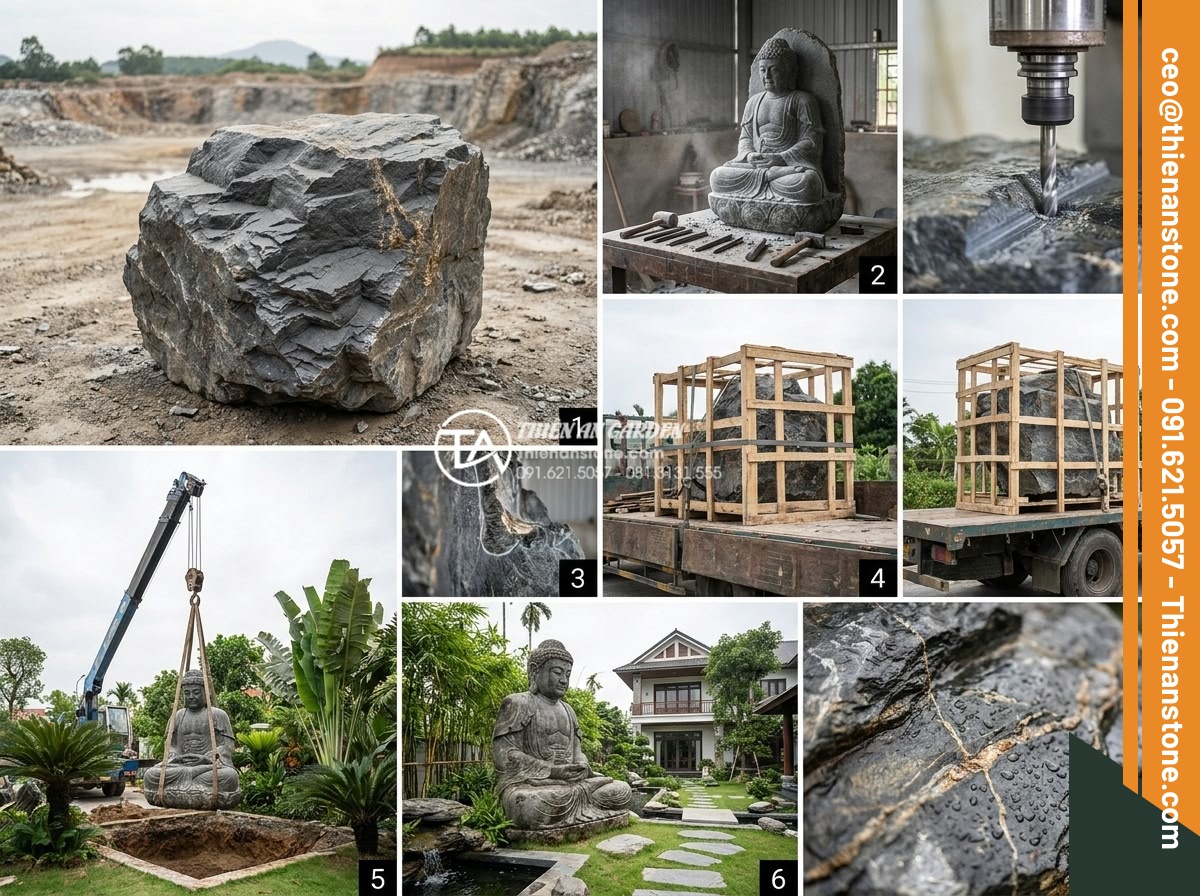 Tác dụng của tượng đá điêu khắc trong việc nâng tầm tiểu cảnh trước biệt thự - Hình 15 Tác dụng của tượng đá điêu khắc trong việc nâng tầm tiểu cảnh trước biệt thự - Step-by-step professional photography series showing the complete process of cre