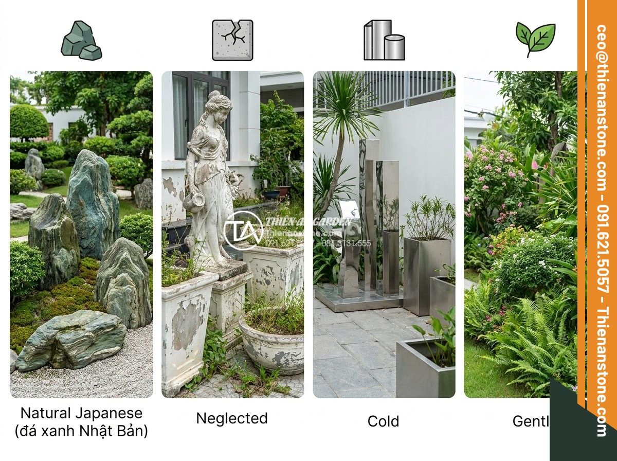 Tác dụng của tượng đá điêu khắc trong việc nâng tầm tiểu cảnh trước biệt thự - Hình 17 Tác dụng của tượng đá điêu khắc trong việc nâng tầm tiểu cảnh trước biệt thự - Professional infographic style comparison image showing four villa garden option
