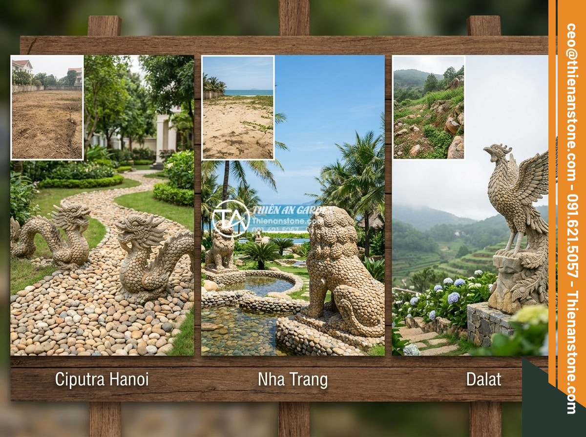 Tác dụng của tượng đá điêu khắc trong việc nâng tầm tiểu cảnh trước biệt thự - Hình 19 Tác dụng của tượng đá điêu khắc trong việc nâng tầm tiểu cảnh trước biệt thự - Real project case study collage showing three completed luxury villa gardens wit