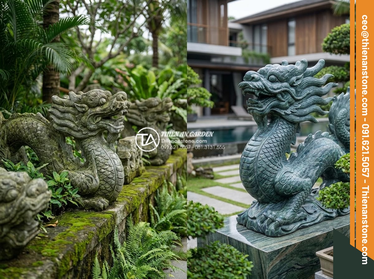Tác dụng của tượng đá điêu khắc trong việc nâng tầm tiểu cảnh trước biệt thự - Hình 3 Tác dụng của tượng đá điêu khắc trong việc nâng tầm tiểu cảnh trước biệt thự - Historical comparison style image showing ancient Vietnamese stone dragon carvin