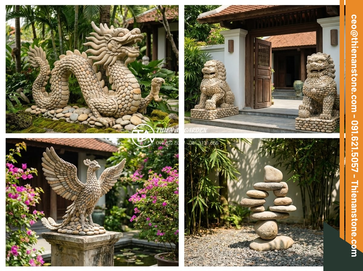 Tác dụng của tượng đá điêu khắc trong việc nâng tầm tiểu cảnh trước biệt thự - Hình 5 Tác dụng của tượng đá điêu khắc trong việc nâng tầm tiểu cảnh trước biệt thự - Collection of four high-quality photorealistic images showing different stone st