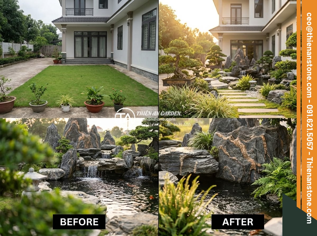 Tác dụng của tượng đá điêu khắc trong việc nâng tầm tiểu cảnh trước biệt thự - Hình 8 Tác dụng của tượng đá điêu khắc trong việc nâng tầm tiểu cảnh trước biệt thự - Before-and-after style professional image of a villa front yard transformation: