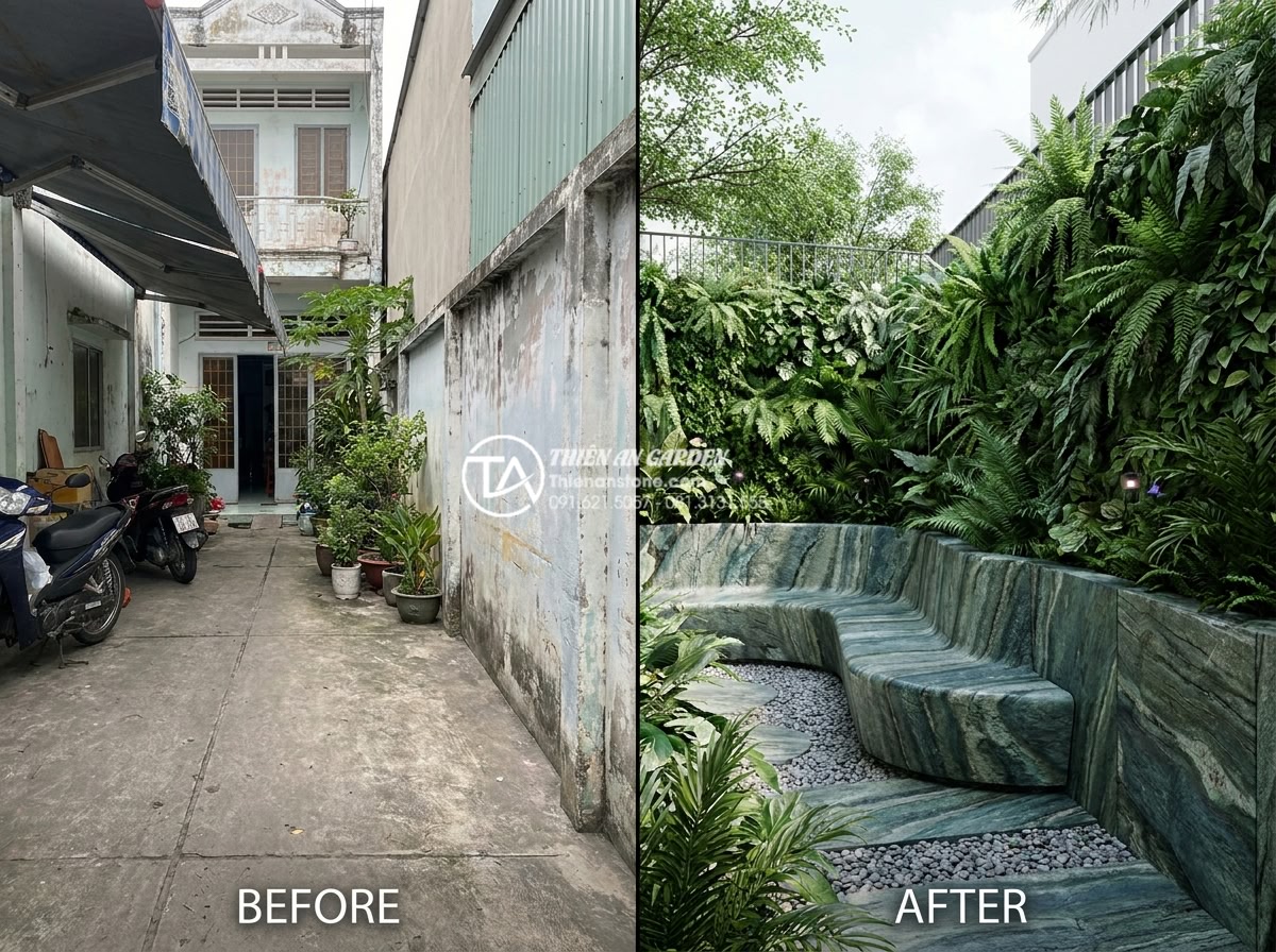 Thi công tiểu cảnh sân trước nhà ống: Tối ưu không gian xanh phố thị - Detailed architectural rendering and real photo comparison of a tube house front