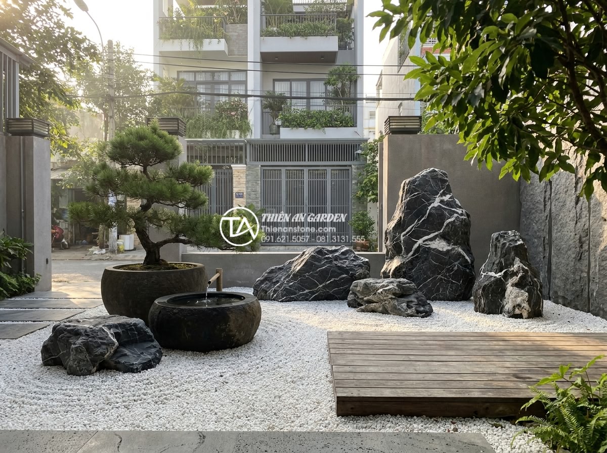 Thi công tiểu cảnh sân trước nhà ống: Tối ưu không gian xanh phố thị - Beautiful modern Vietnamese tube house front yard with Japanese-inspired zen roc