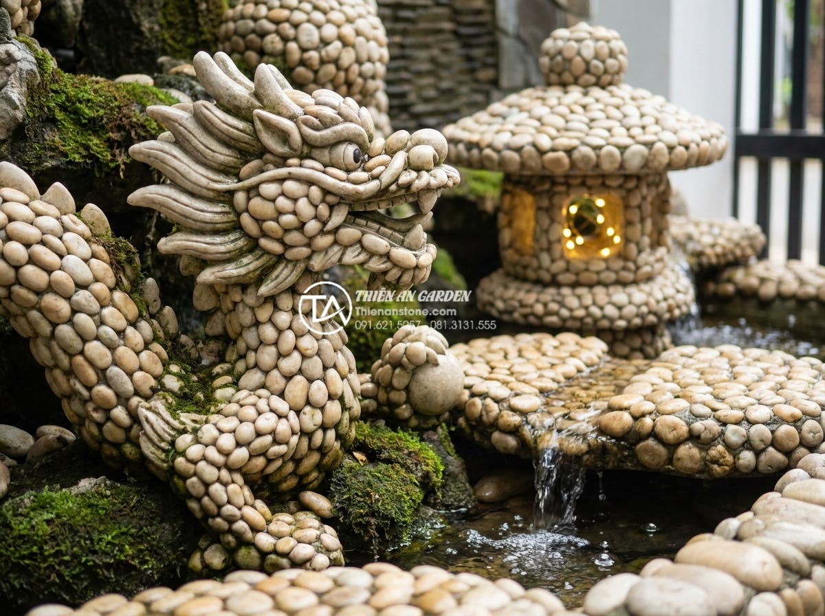 Thi công tiểu cảnh sân trước nhà ống: Tối ưu không gian xanh phố thị - Close-up professional shot of intricate hand-carved natural stone elements in a 