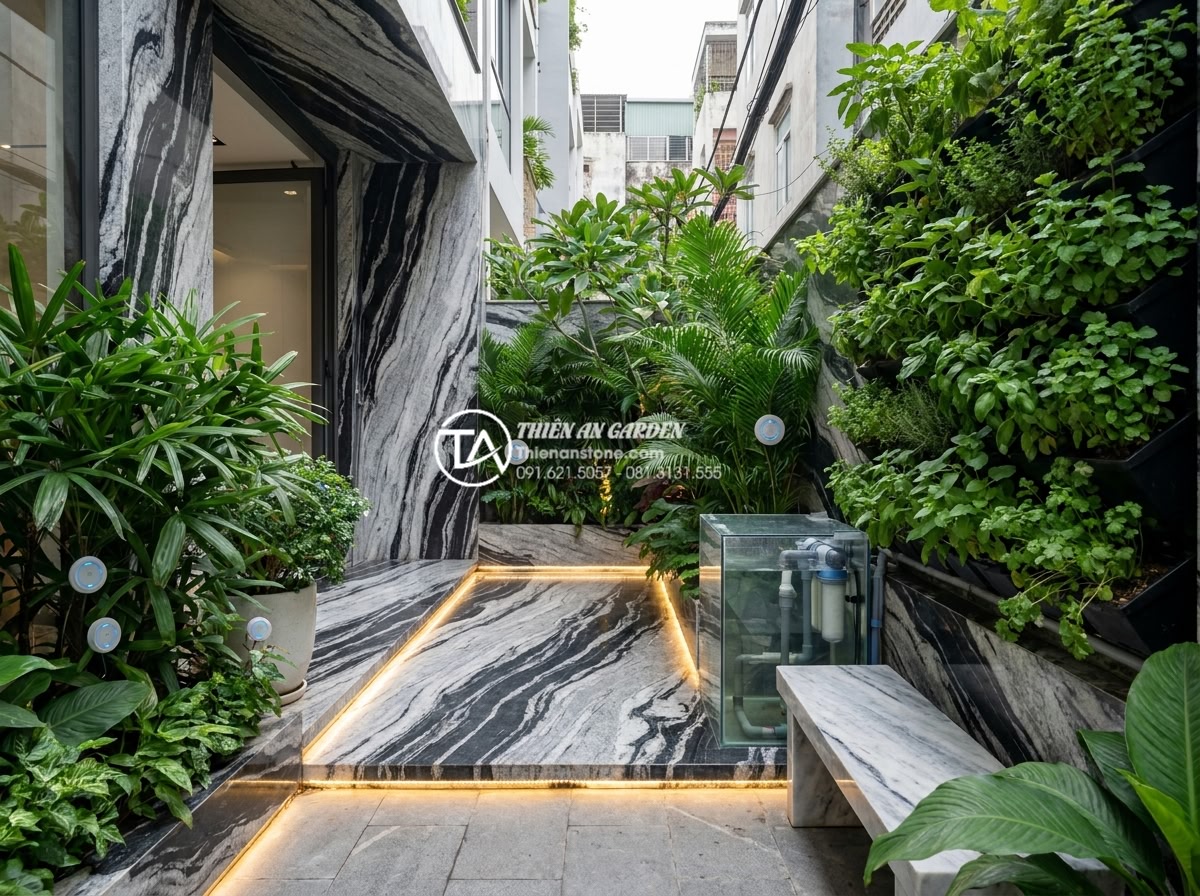 Thi công tiểu cảnh sân trước nhà ống: Tối ưu không gian xanh phố thị - Futuristic concept visualization of smart sustainable tube house front yard in 2